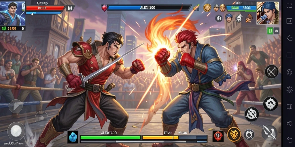 Screenshot ALEXIS500 menunjukkan momen seru dalam pertarungan melawan lawan.