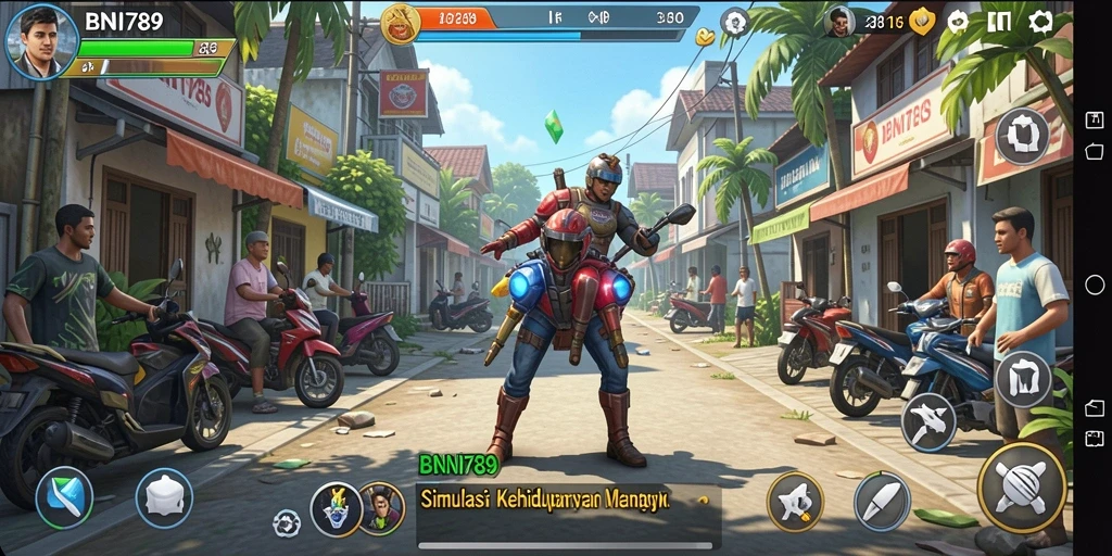 Screenshot gameplay BNI789 yang menunjukkan interaksi karakter dalam simulasi kehidupan.