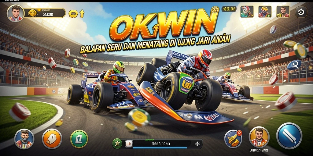 Screenshot utama OKWIN menampilkan aksi balapan yang intens dan grafik yang memukau.
