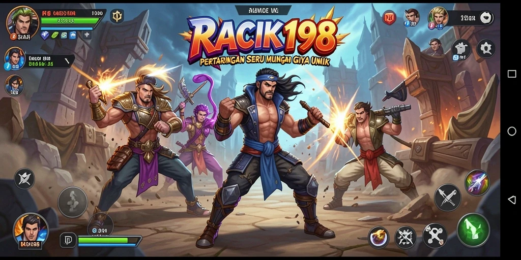 Screenshot menunjukkan pertarungan intens dalam RACIK198 dengan karakter unik.