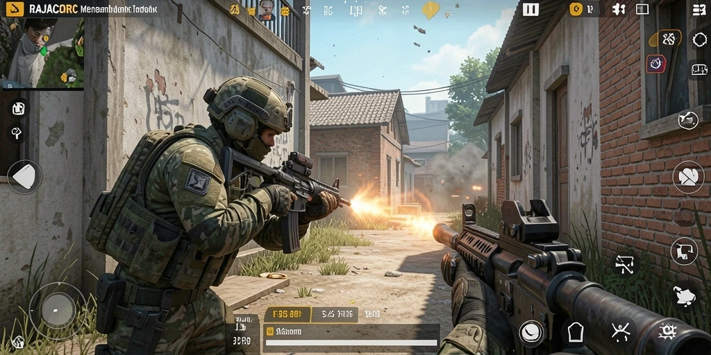 Screenshot gameplay RAJACORC menunjukkan aksi menembak yang mendebarkan.